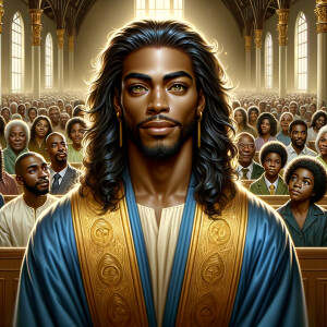 Illustrate an inspiring African-American Jesus crust with a dign...