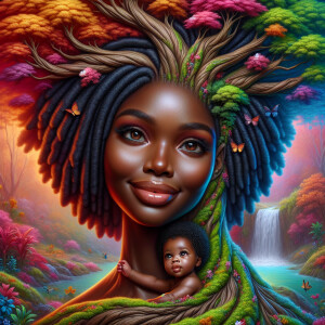 Create a close-up, hyper-realistic 3-D oil painting of a tree wi...