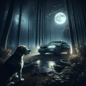 Black BMW f31 in the forest and a beagle in front, falling Stars...