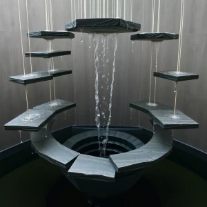 Create an image of a gravity-defying fountain composed of separa...