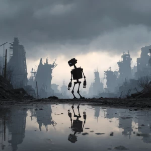 Small black silhouette of the robot to walk through a ruined cit...