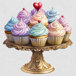 Create an image of a cupcake stand full of cupcakes. Each cupcak...