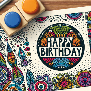 Design a bohemian-style happy birthday stamp template suitable f...