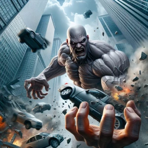 generate a hyper-realistic, detailed image of a malevolent, bald...