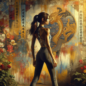 Athletic Thin skinny Attractive, Asian teenage girl, long brown hair and bangs, wearing tight skinny jeans and a halter top paint marks on her clothing, heroic pose Asian graffiti background, backside view