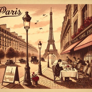 A vintage travel poster of Paris with the Eiffel Tower and roman...
