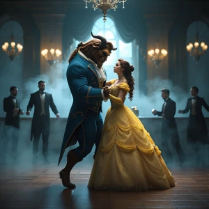 Beauty and the beast dancing in a ballroom surrounded by ghostly fog. Hyper expose. Ultra-detailed. The image should feature dark, surreal elements, and errie aesthetics, ultra-realistic style, 8K, C4D rendering, OC rendering,HDR,with a close-up picture,masterpiece, perfect composition and lighting