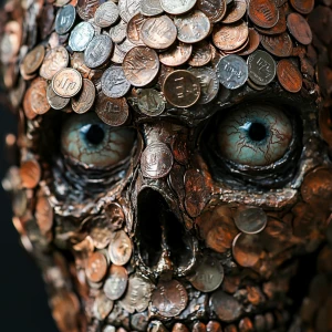 Skull formed with pennies hyperrealistic ,eyes staring into the...