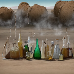 Glass bottles of various alcoholic beverages lying around in the...