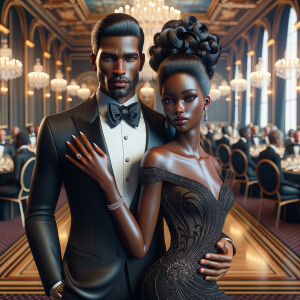 Depict an African American duo at a lavish gala. The gentleman s...