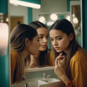 Teen girls checking themselves in the mirror.