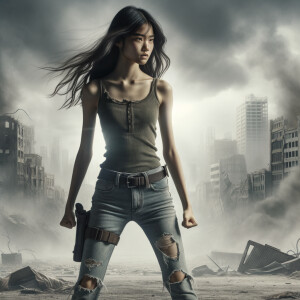 Skinny and thin Asian teen girl wearing skin tight jeans that are worn and frayed, long hair and bangs heroic ready to fight stance