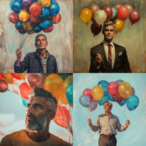 Мужчина похожий на джордж Клуни, в руке  с 60 гелиевыми шарами