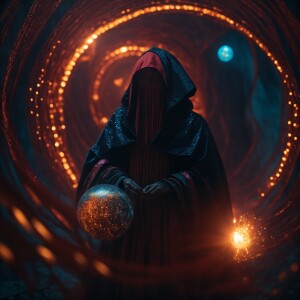 A mythical magical voodoo alien queen wearing her magic dark rob...