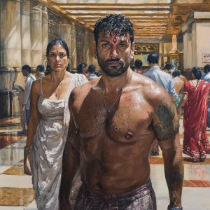 Realism.A sweaty  man walking with his mother in law with noseri...