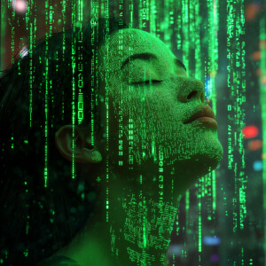 A close-up hyper-realistic image of a woman immersed in a futuri...