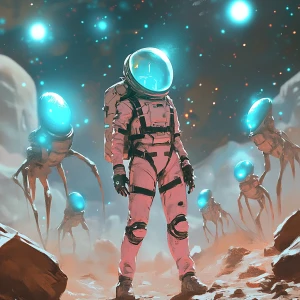 A lone female astronaut in a slightly damaged, high-tech pink sp...