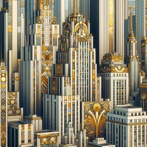 Depict the skyscrapers of New York City in the ornate, gold-leafed style characteristic of Gustav Klimt's paintings.