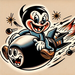 Wwii rat fink character straddling a bomb crashing toward earth...