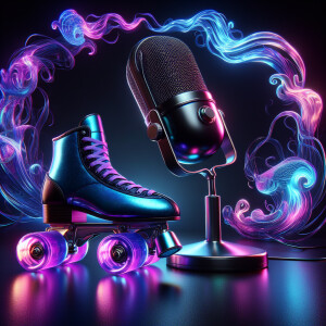 black background purple and blue flames. podcast microphone in t...