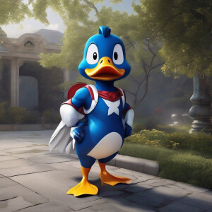 Anthropomorphic duck wearing a blue and white deadpool suit