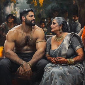 Realism art style,a muscular beefy sweaty man sitting on stage w...