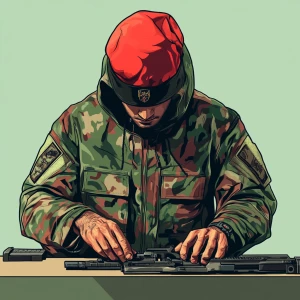 Create an image of a character dressed in a camouflage military...