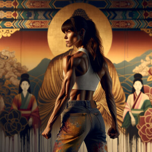 Athletic Thin skinny Attractive, Asian teenage girl, long brown hair and bangs, wearing tight skinny jeans and a halter top paint marks on her clothing, heroic pose Asian graffiti background,  backside view