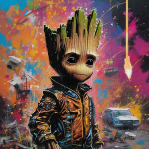 A small groot is standing on the shoulder of a rocket