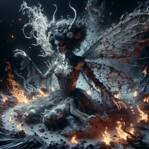 A dark Tinkerbell-inspired evil fairy in flickering firelight, w...