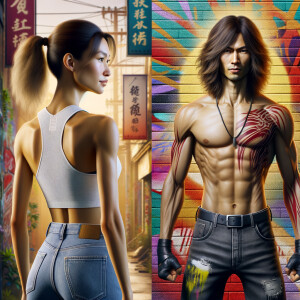 Athletic Thin skinny Attractive, Asian teenage girl, long brown hair and bangs, wearing tight skinny jeans and a halter top paint marks on her clothing, heroic pose Asian graffiti background, backside view