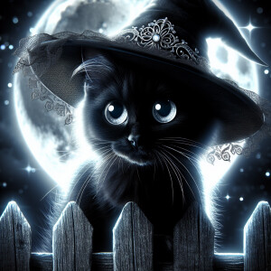 Beautiful cat with big eyes, black, sitting on fence in moonligh...