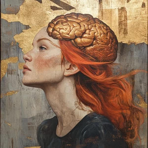 Create a portrait of a woman with ginger hair from her perspecti...