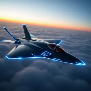 The image portrays a futuristic rendition of the F-35 Lightning...