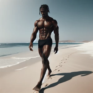 A muscular man with a dark chocolate complexion and braided hair...