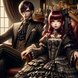 Lilith as a girl with elegant gothic lolita dress sit beside handsome lucifer, the girl has red hair and golden eyes, thrones