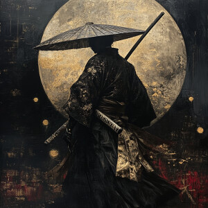 Closeup of elegant Ronin walking of into the moonlight at midnig...