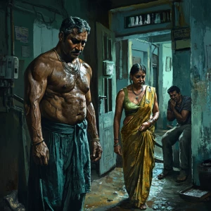 HD digital art depicting a 54-year-old Gujarati housemaid standi...