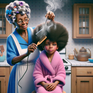 Create a realistic 3-D image of an african-American grandmother wearing a blue house dress and a white apron . She is in the kitchen with her african-American granddaughter. Her granddaughter is wearing a pink bath robe. The grandmother has a hot comb in her hand and she is straightening her granddaughters hair. One side of her granddaughters hair is in  a Afro the other straight 
There is smoke coming from the hot comb
The granddaughter is making a face as if to say grandma that hurt