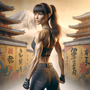 Athletic Thin skinny Attractive, Asian teenage girl, long brown hair and bangs, wearing tight skinny jeans and a halter top paint marks on her clothing, heroic pose Asian graffiti background, backside view