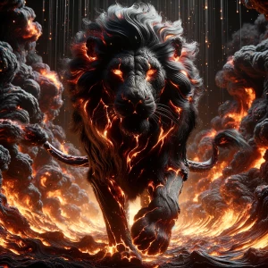 A colossal Black Lion, fur rippling with obsidian-like sheen, ve...