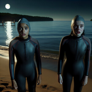 Two girls in a hydro suit stand with their backs to the lake in...