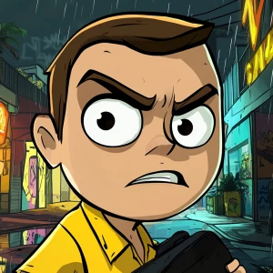 A cartoon character with a large round head, big white eyes with...