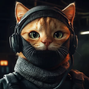 A wide-eyed ginger cat wearing a black tactical balaclava (or ma...
