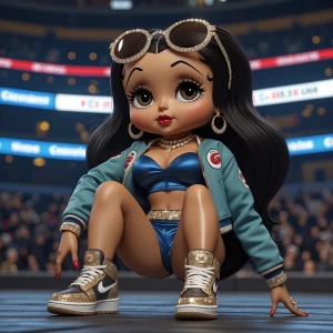 Betty Boop with a dark brown oil paint complexion, long hair, an...