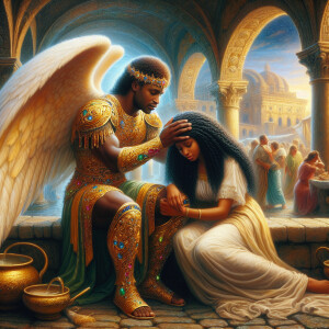 Create an oil painting image featuring a male angel and a grievi...