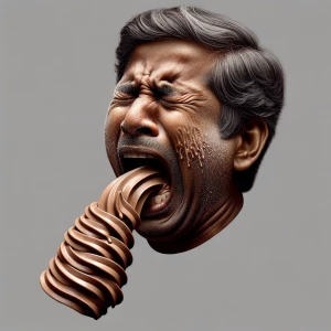 Create a hyper-realistic image of a man continuously vomiting so...