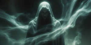 In the gothic wacky quantum realm, a spectral figure looms, its...
