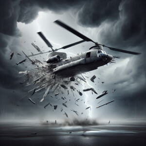 An Army helicopter cargo area struck by a missile and blowing ap...