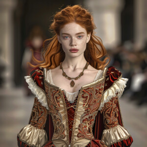Create a photorealistic image of a light ginger-haired model wal...